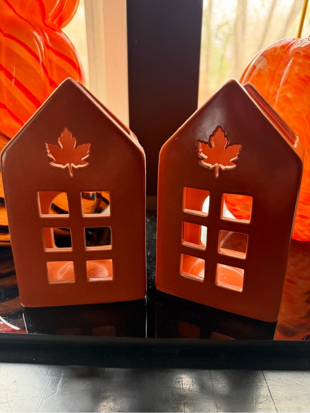 Ceramic House Candle Holders - Burnt Orange Maple Leaf Set